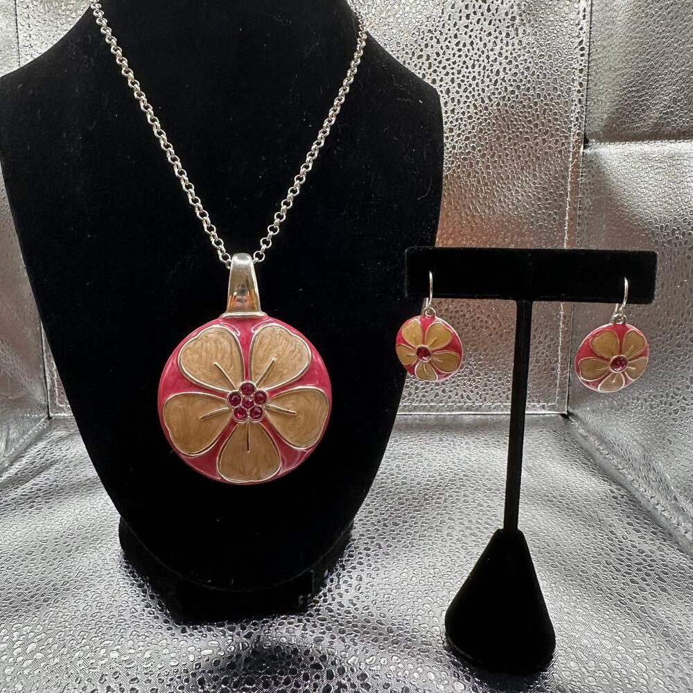 Floral Peach Coral Necklace and Earrings silver set signed KC